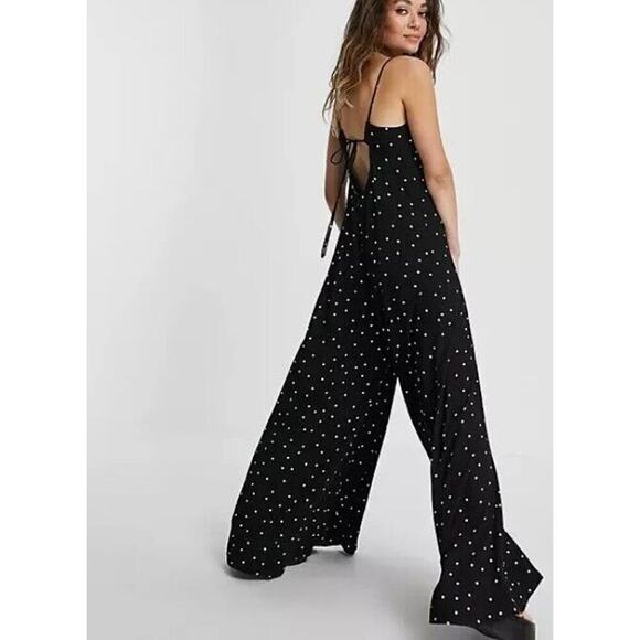 Free People XS Jumpsuit Black White Polka Dot Strappy Wide Leg Baggy Fit Pants - Picture 2 of 9